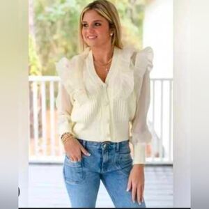 Chic Cream Ruffle Blouse Satin Rose Button